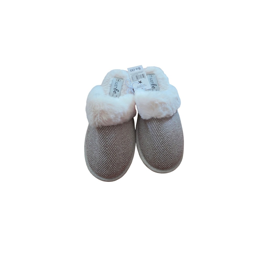 Just Be Womens Herringbone Scuff Slippers Gray Faux Fur Trim House Shoes L 9-10